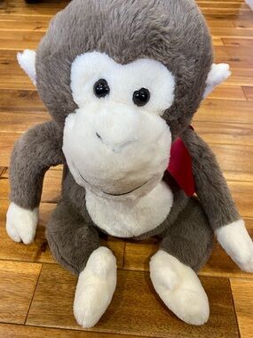 Plush Monkey with Red Bow - Soft Cuddly Stuffed Animal